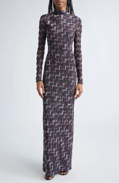 Missoni Metallic Zigzag Long-sleeve Maxi Dress In Gray