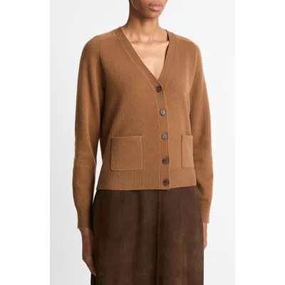 Vince Pocket V Neck Cardigan Sweater In Brown