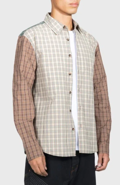 Pleasures Dazed Mismatched Plaid Button-up Shirt In Neutral