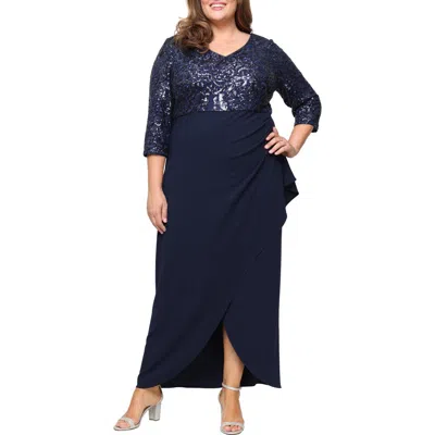 Sl Fashions Sequin Bodice Scuba Crepe Mixed Media Gown In Blue