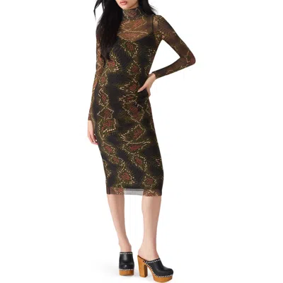 Steve Madden Vivienne Snake Print Long Sleeve Turtleneck Mesh Midi Dress In Brown