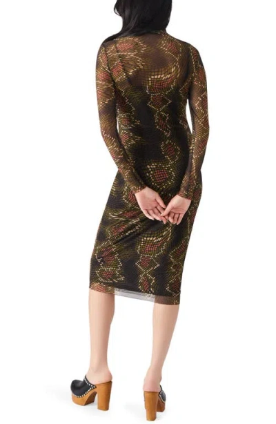 Steve Madden Vivienne Snake Print Long Sleeve Turtleneck Mesh Midi Dress In Brown