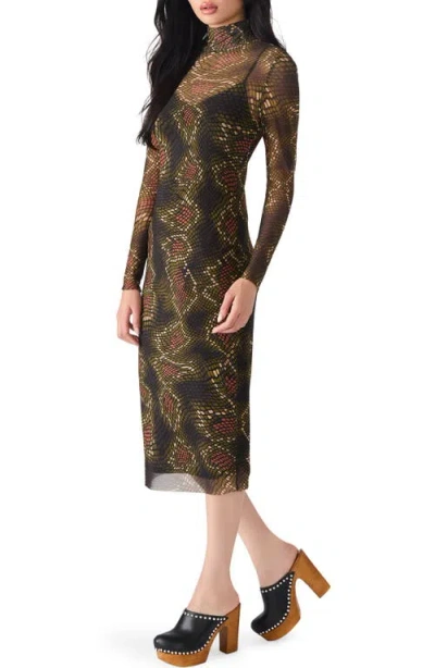Steve Madden Vivienne Snake Print Long Sleeve Turtleneck Mesh Midi Dress In Brown