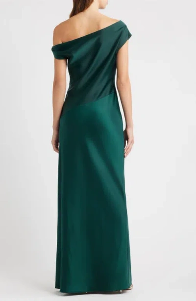 Wayf Colleen One-shoulder Drape Satin Gown In Green