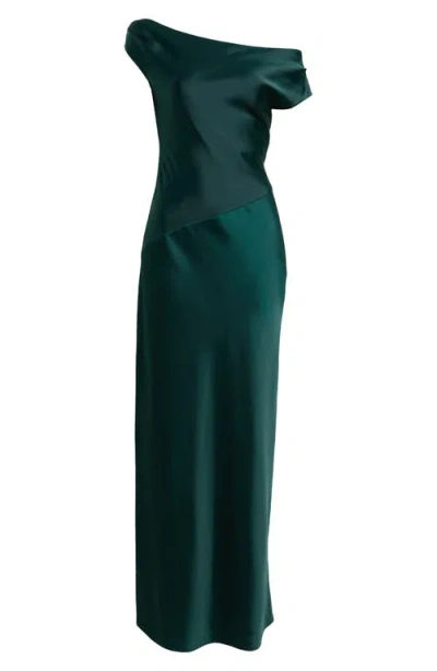 Wayf Colleen One-shoulder Drape Satin Gown In Green