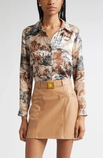L'agence Tyler Print Silk Button-up Shirt In Brown
