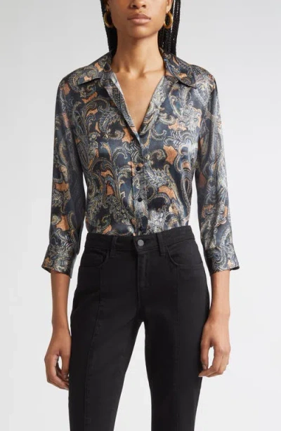 L'agence Dani Print Three-quarter Sleeve Silk Button-up Shirt In Gray
