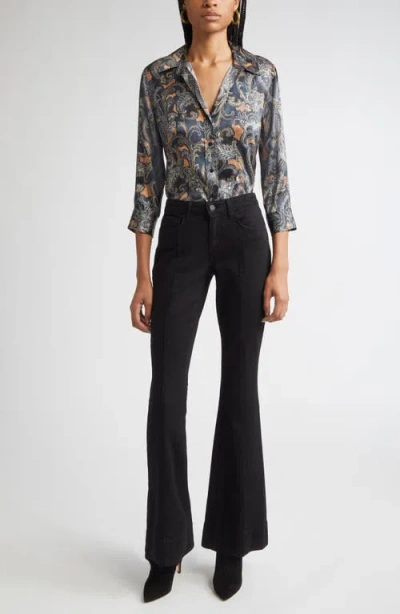 L'agence Dani Print Three-quarter Sleeve Silk Button-up Shirt In Gray