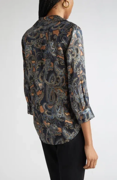 L'agence Dani Print Three-quarter Sleeve Silk Button-up Shirt In Gray