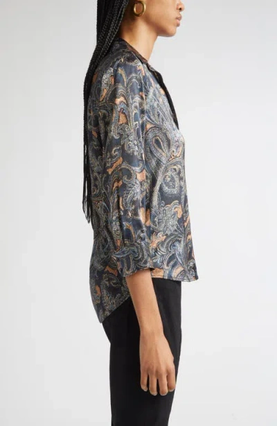 L'agence Dani Print Three-quarter Sleeve Silk Button-up Shirt In Gray