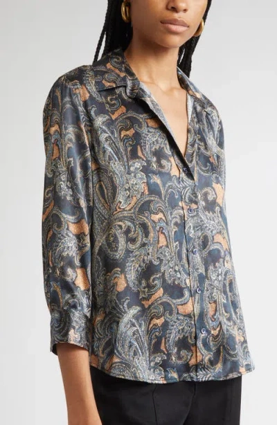 L'agence Dani Print Three-quarter Sleeve Silk Button-up Shirt In Gray
