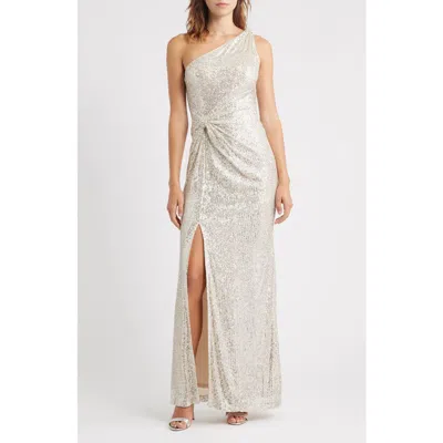 Eliza J Sequin One-shoulder Sheath Gown In Silver