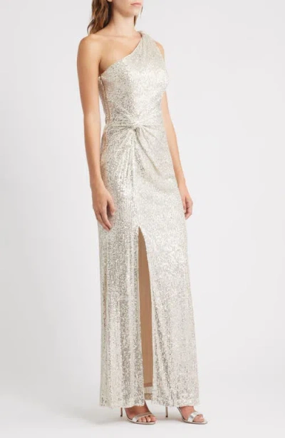 Eliza J Sequin One-shoulder Sheath Gown In Silver