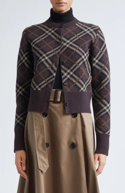 Burberry Long Sleeve Cardigan With Check Motif And Crewneck In Brown