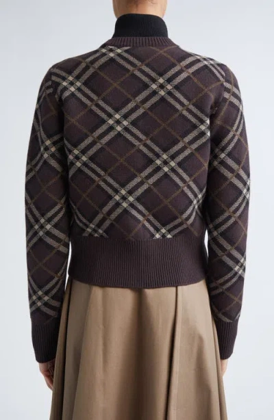 Burberry Long Sleeve Cardigan With Check Motif And Crewneck In Brown