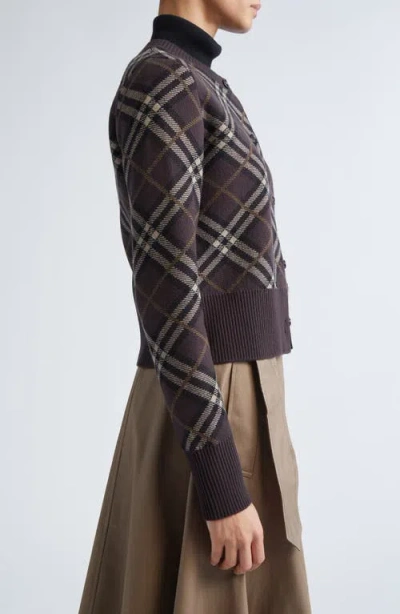 Burberry Long Sleeve Cardigan With Check Motif And Crewneck In Brown