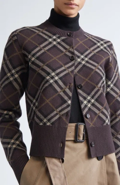 Burberry Long Sleeve Cardigan With Check Motif And Crewneck In Brown