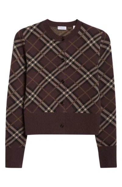 Burberry Long Sleeve Cardigan With Check Motif And Crewneck In Brown