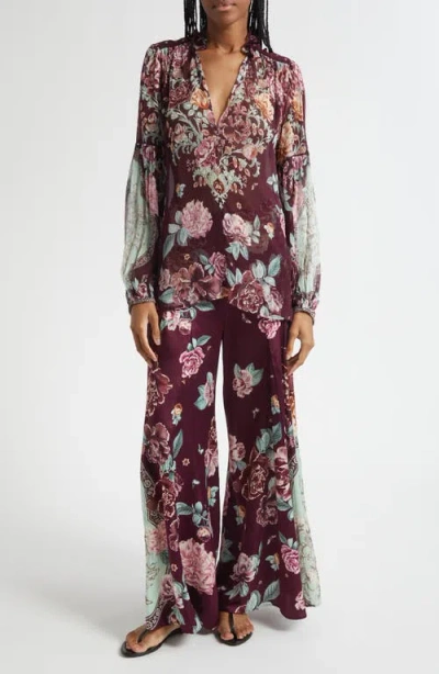 Camilla If These Tiles Could Talk Silk Peasant Top In Burgundy