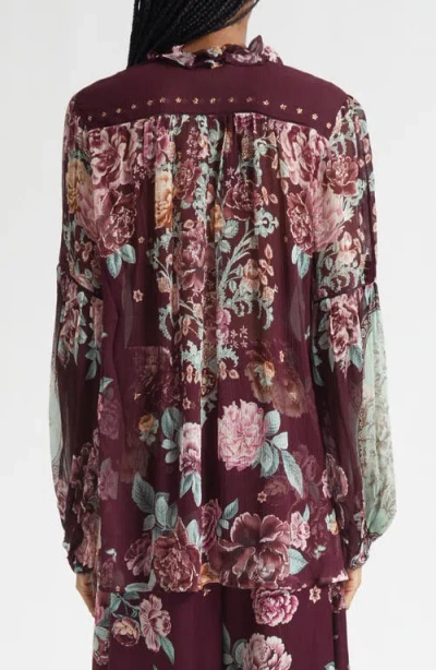 Camilla If These Tiles Could Talk Silk Peasant Top In Burgundy