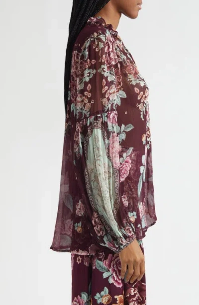 Camilla If These Tiles Could Talk Silk Peasant Top In Burgundy