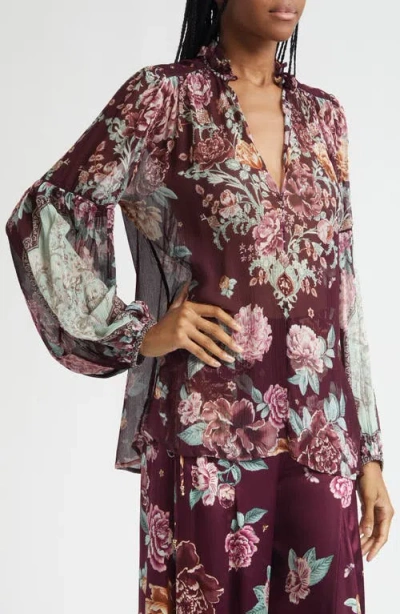 Camilla If These Tiles Could Talk Silk Peasant Top In Burgundy