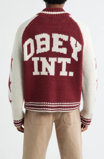 Obey Cowichan Sweater Cardigan In Burgundy