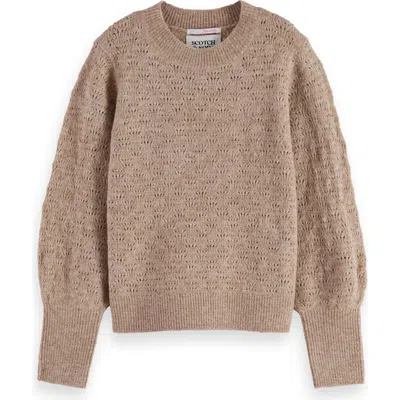 Scotch & Soda Kids' Ajour Pointelle Crewneck Sweater In Brown