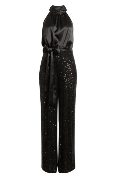 Eliza J Mixed Media Satin & Sequin Jumpsuit In Black