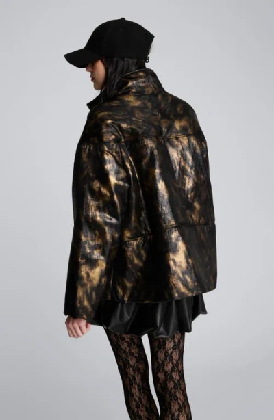 Kenneth Cole Animal Foiled Satin Lightweight Seamed Puffer Jacket In Black