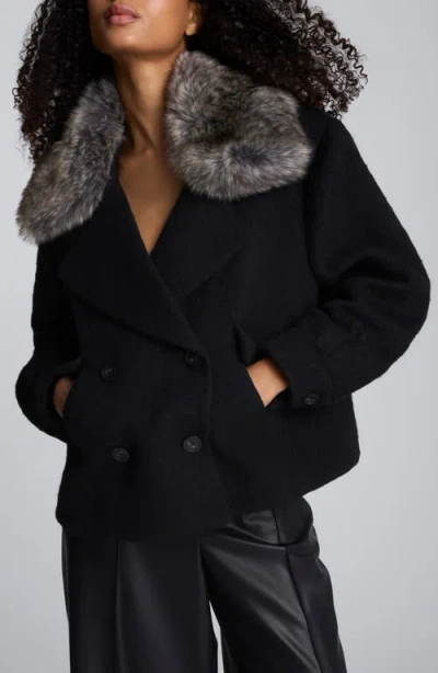 Kenneth Cole Brushed Wool Removeable Faux Fur Collar Cropped Peacoat In Black
