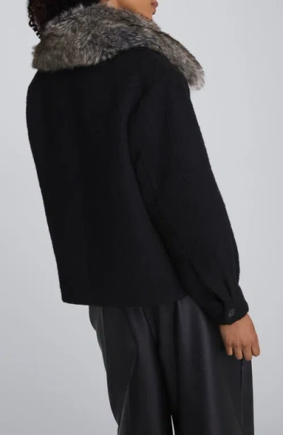 Kenneth Cole Brushed Wool Removeable Faux Fur Collar Cropped Peacoat In Black