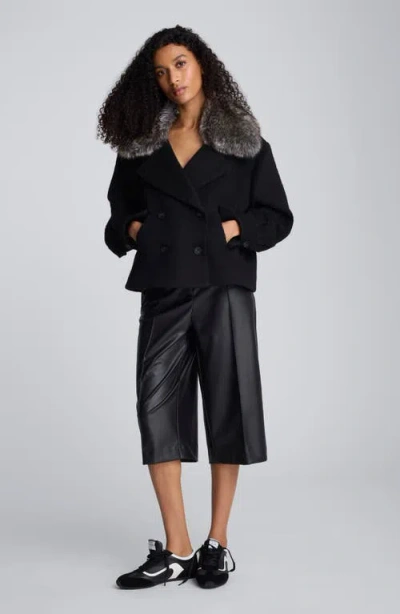 Kenneth Cole Brushed Wool Removeable Faux Fur Collar Cropped Peacoat In Black