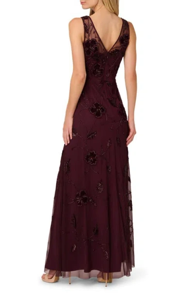 Adrianna Papell Women's Bead Velvet Flower Long Dress In Burgundy