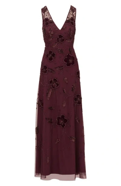 Adrianna Papell Women's Bead Velvet Flower Long Dress In Burgundy