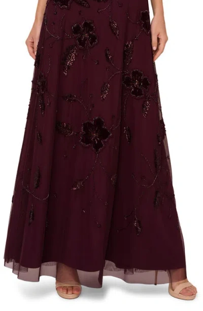 Adrianna Papell Women's Bead Velvet Flower Long Dress In Burgundy