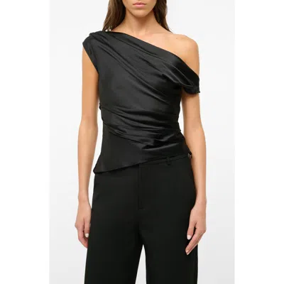 Staud Phare One-shoulder Draped Silk-blend Satin Top In Blue