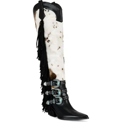Azalea Wang Gwayne Faux Fur Over The Knee Western Boot In Black