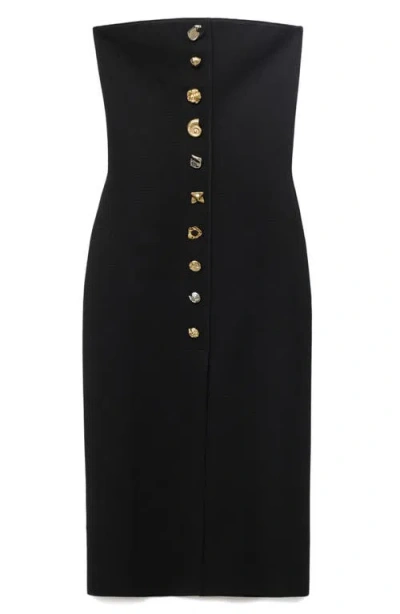 Mango Compact Knit Bandeau Midi Dress With Statement Buttons In Black