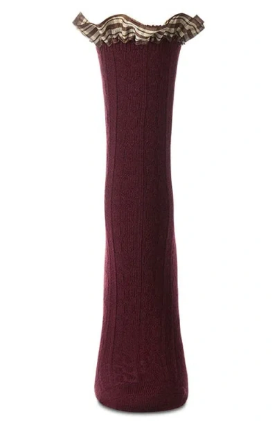 Memoi Plaid Ruffle Cuff Crew Socks In Burgundy
