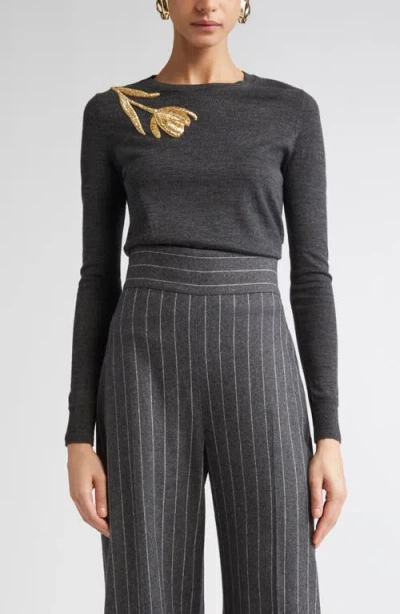 Carolina Herrera Tulip Embellished Wool-silk Sweater In Gray