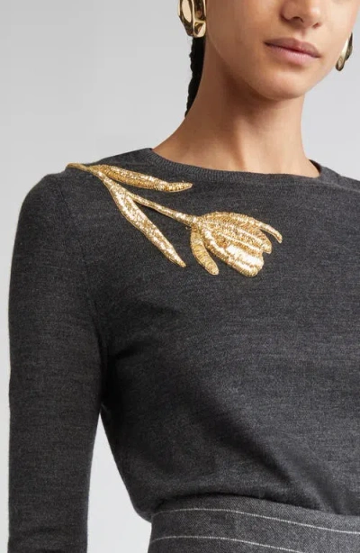 Carolina Herrera Tulip Embellished Wool-silk Sweater In Gray