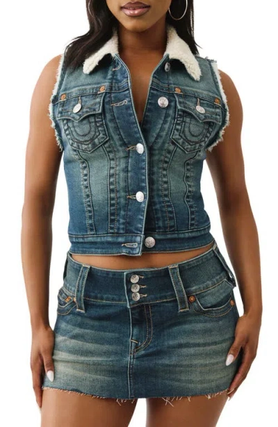 True Religion Women's Shrunken Sherpa Denim Vest In Blue