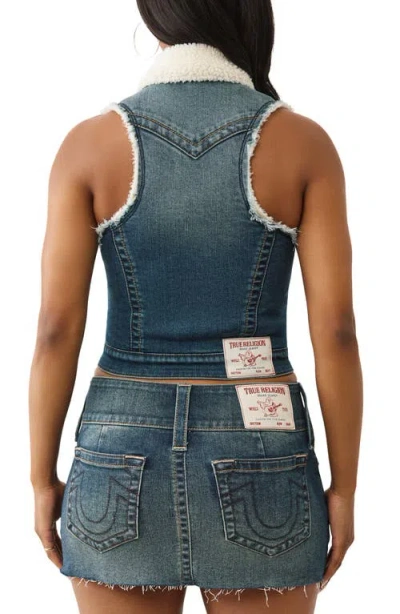 True Religion Women's Shrunken Sherpa Denim Vest In Blue