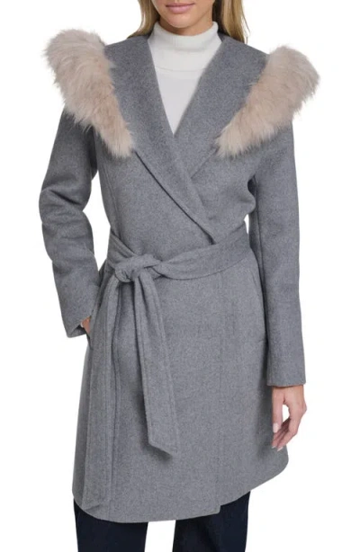 Cole Haan Slick Wool Blend Coat With Faux Fur Trim Hood In Gray