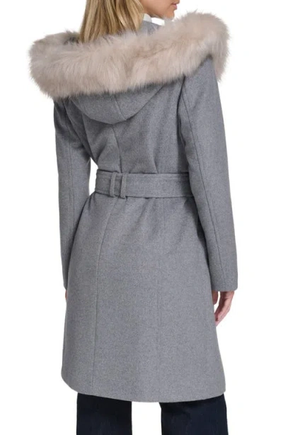 Cole Haan Slick Wool Blend Coat With Faux Fur Trim Hood In Gray