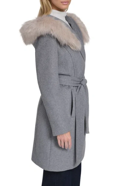 Cole Haan Slick Wool Blend Coat With Faux Fur Trim Hood In Gray
