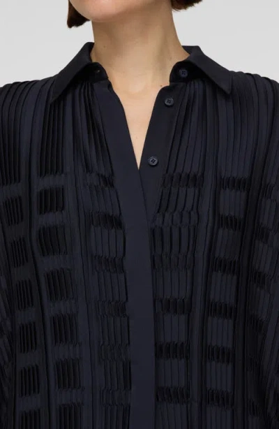 Lafayette 148 Basketweave Pleated Button-front Shirt In Black