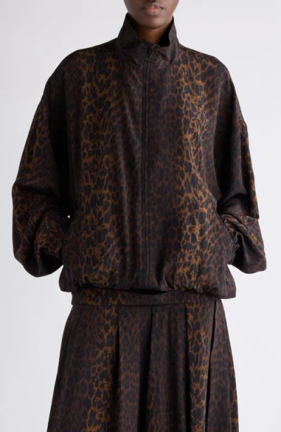 Balenciaga Crepe De Chine Full-zip Jacket With Leopard Print In Brown