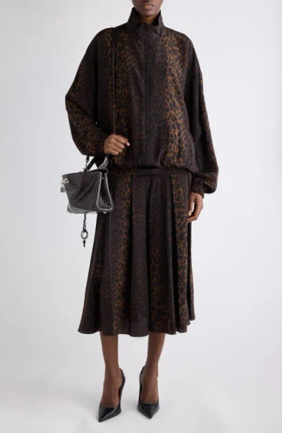 Balenciaga Crepe De Chine Full-zip Jacket With Leopard Print In Brown